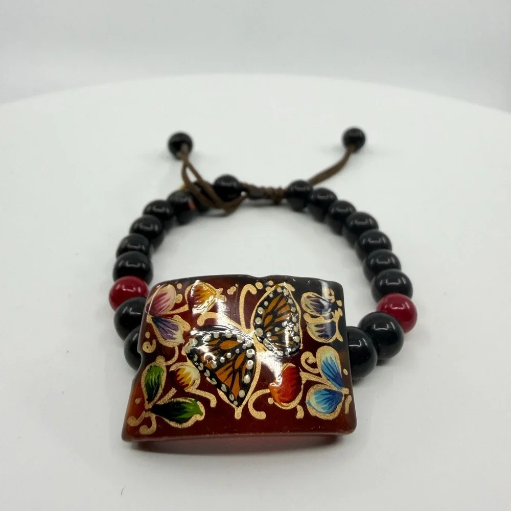 Hand Painted Butterfly Bracelet Black Red Beaded Adjustable Boho Artisan Gift